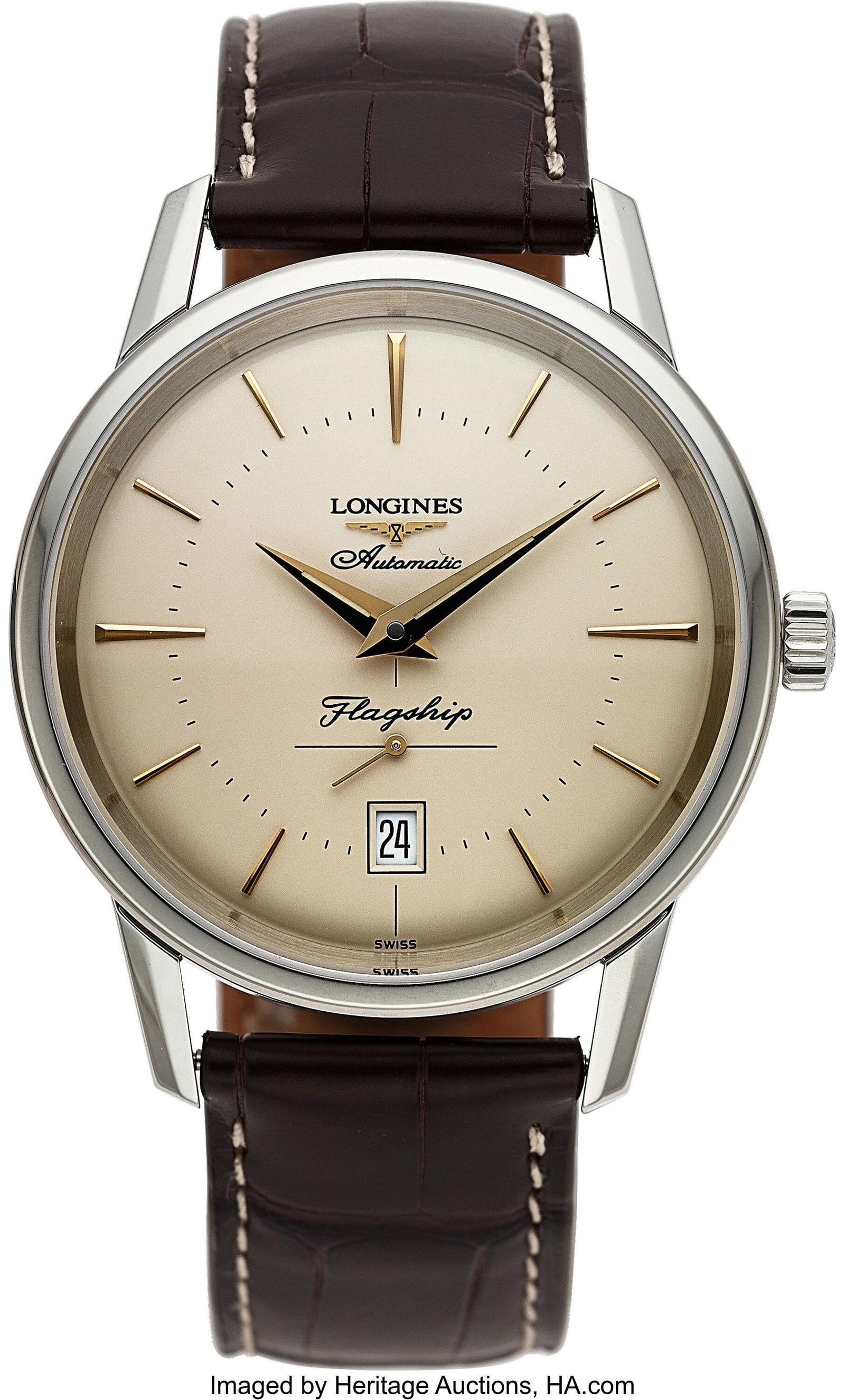 Longines Flagship Heritage Wrist Watch Case: 39: Longines Flagship Heritage Wrist Watch Case: 39 mm, stainless steel , 3 part case with screw down case back, 18K gold medallion on case back Dial: silver dial with gold m