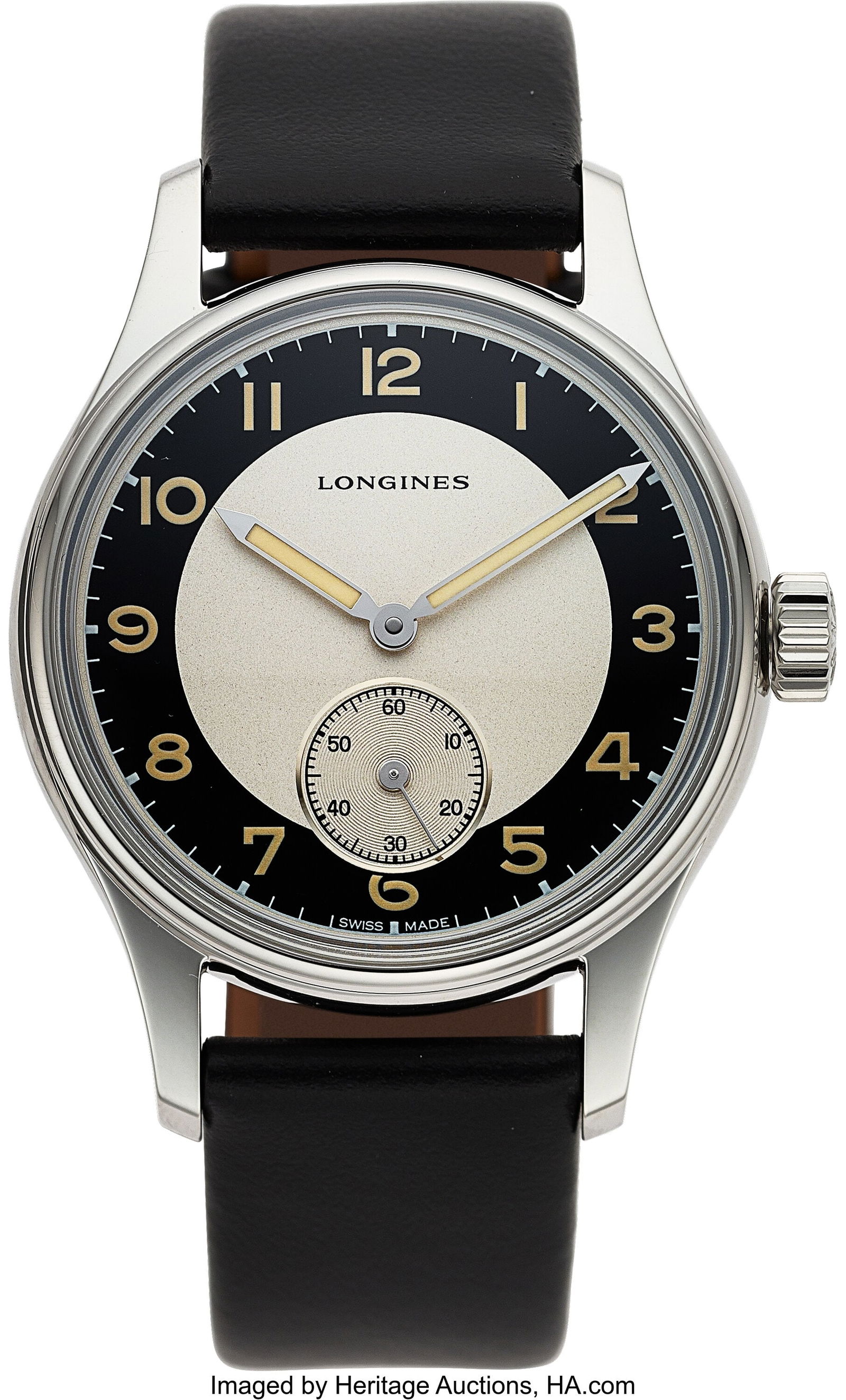 Longines Heritage Classic Tuxedo Automatic Black: Longines Heritage Classic Tuxedo Automatic Black and Silver Dial Black Leather Strap Wrist Watch Case: 39 mm, stainless steel, 3 body case with screw down back Dial: Silver-ton