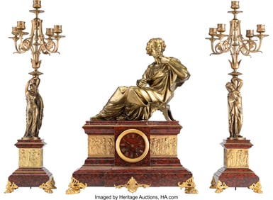 28023: A Three-Piece French Gilt Bronze and Marble-Mounted Clock Garniture, After Pradier