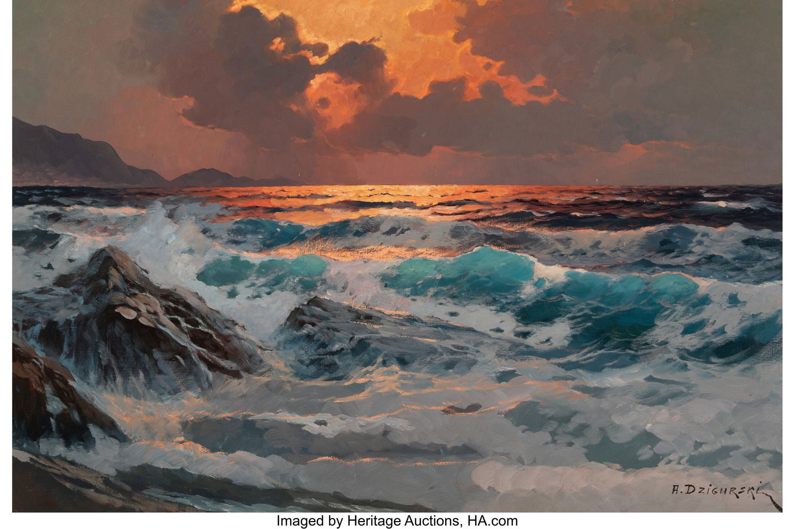 Alexander Dzigurski (Russian/American, 1911-1995: Alexander Dzigurski (Russian/American, 1911-1995) Seascape at Dusk Oil on canvas 24 x 36 inches (61.0 x 91.4 cm) Signed lower right: A. Dzigurs