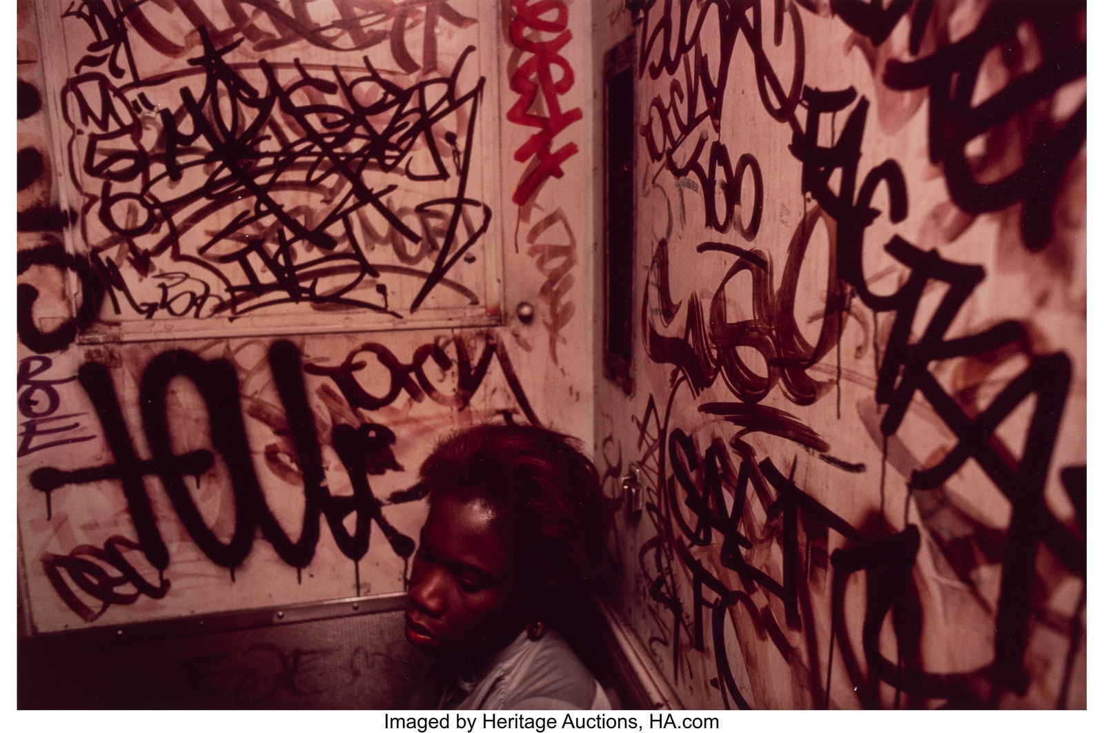 Bruce Davidson (American, b. 1933) Passenger in: Bruce Davidson (American, b. 1933) Passenger in Graffiti-covered Car, Subway, 1980 Dye-coupler print 9 x 13-1/2 inches (22.9 x 34.3 cm) &