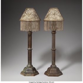 79012: Tiffany Studios Pair of Candle Sticks with Pine