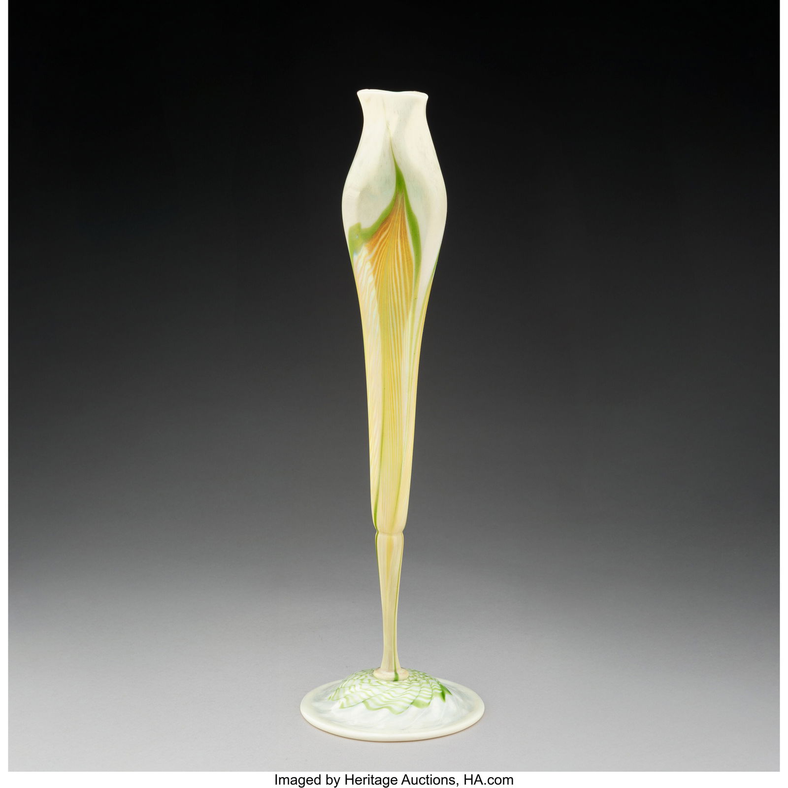 Tiffany Studios Tall Calyx Floriform Vase, circa: Tiffany Studios Tall Calyx Floriform Vase, circa 1910 Decorated Favrile glass 16 inches (40.6 cm) Marks: L.C.T., M438 PROVENANCE: A Midwes