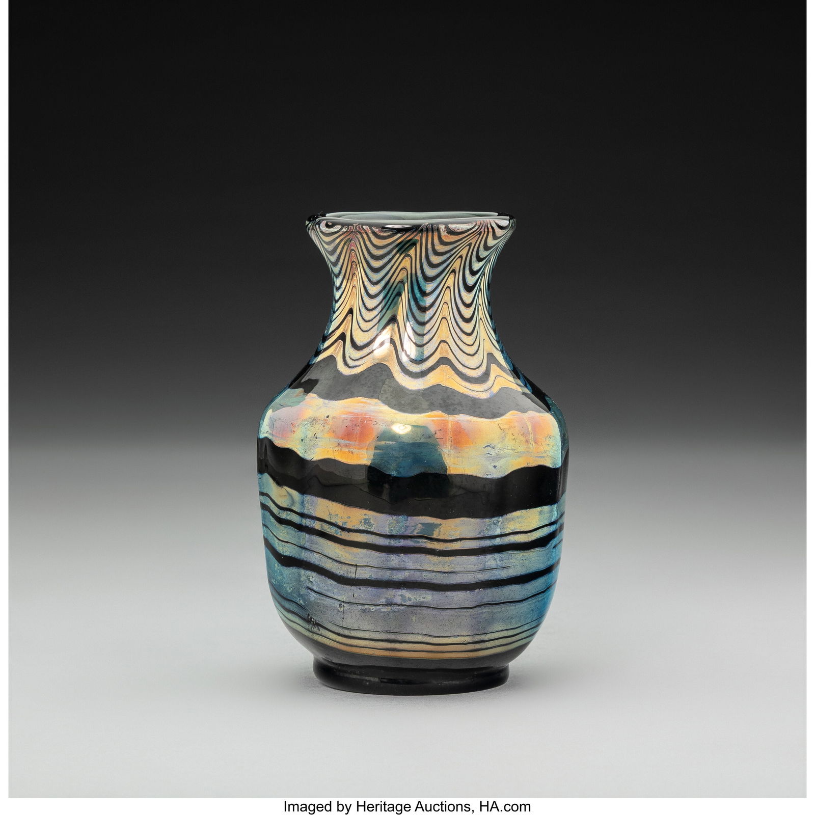 Tiffany Studios Vase, circa 1900 Decorated Favr: Tiffany Studios Vase, circa 1900 Decorated Favrile glass 4-3/8 x 2-7/8 inches (11.1 x 7.3 cm) Marks: L.C.Tiffany - Favrile, 1647C PROVENANCE: Lillian Nassau, New York, March 7, 1962; Acquired from the
