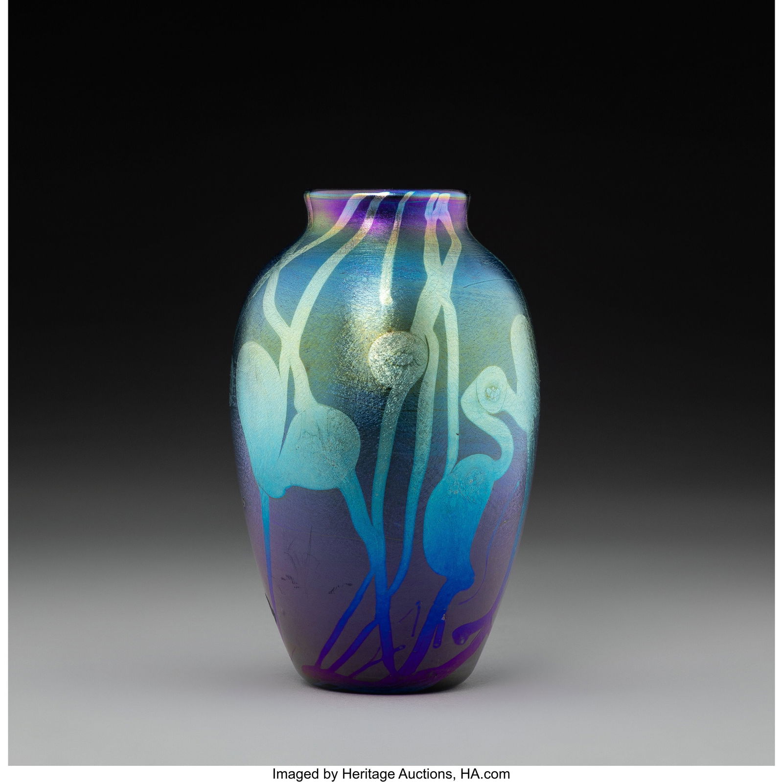 Tiffany Studios Vase, circa 1910 Decorated Favri: Tiffany Studios Vase, circa 1910 Decorated Favrile glass 4-1/2 x 2-7/8 inches (11.4 x 7.3 cm) Marks: L.C.T., Louis C. Tiff