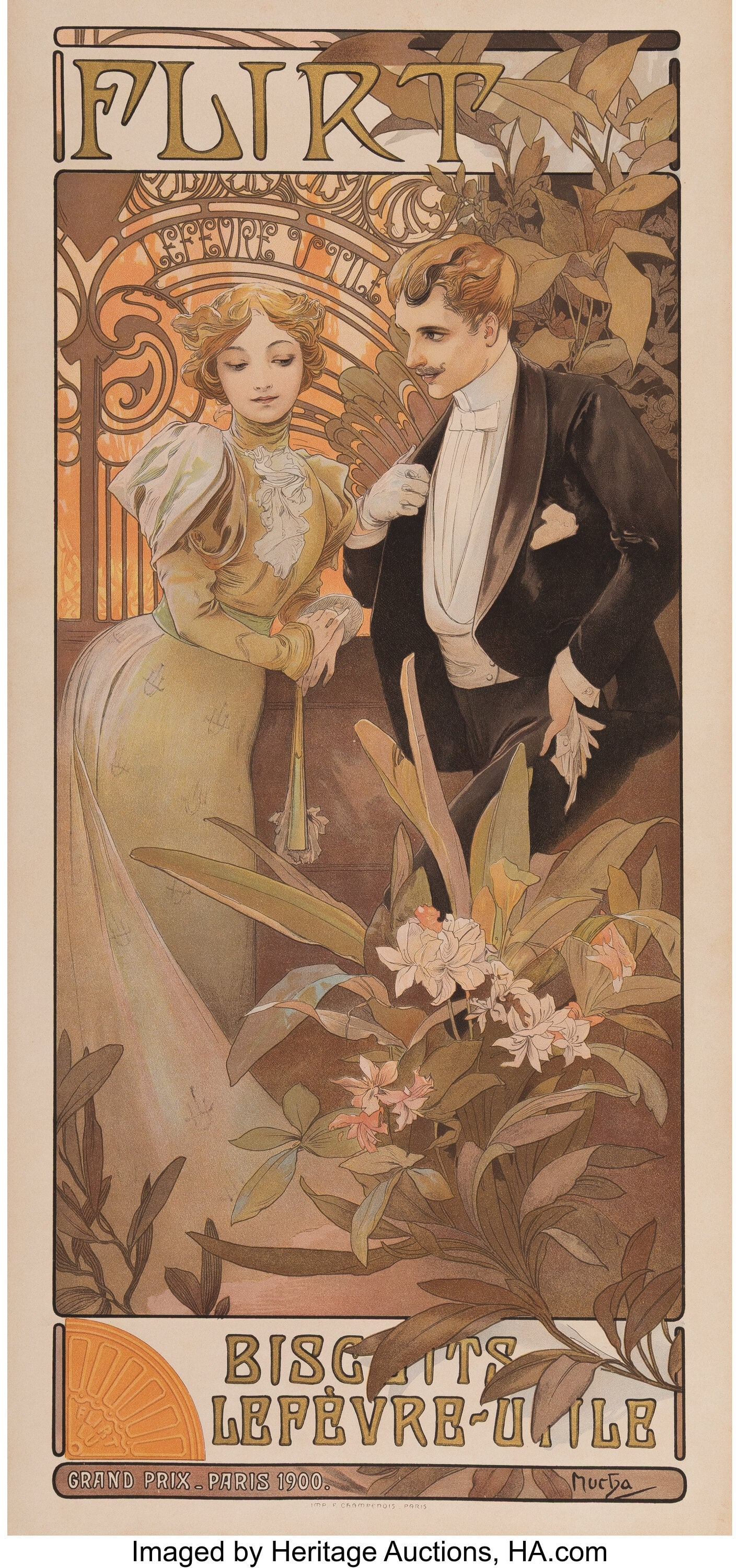 Alphonse Mucha Flirt, 1900 Lithograph in colors: Alphonse Mucha Flirt, 1900 Lithograph in colors on wove paper laid on linen 26-1/8 x 13-1/4 inches (66.4 x 33.7 cm) (linen) Signed in the stone lower ri