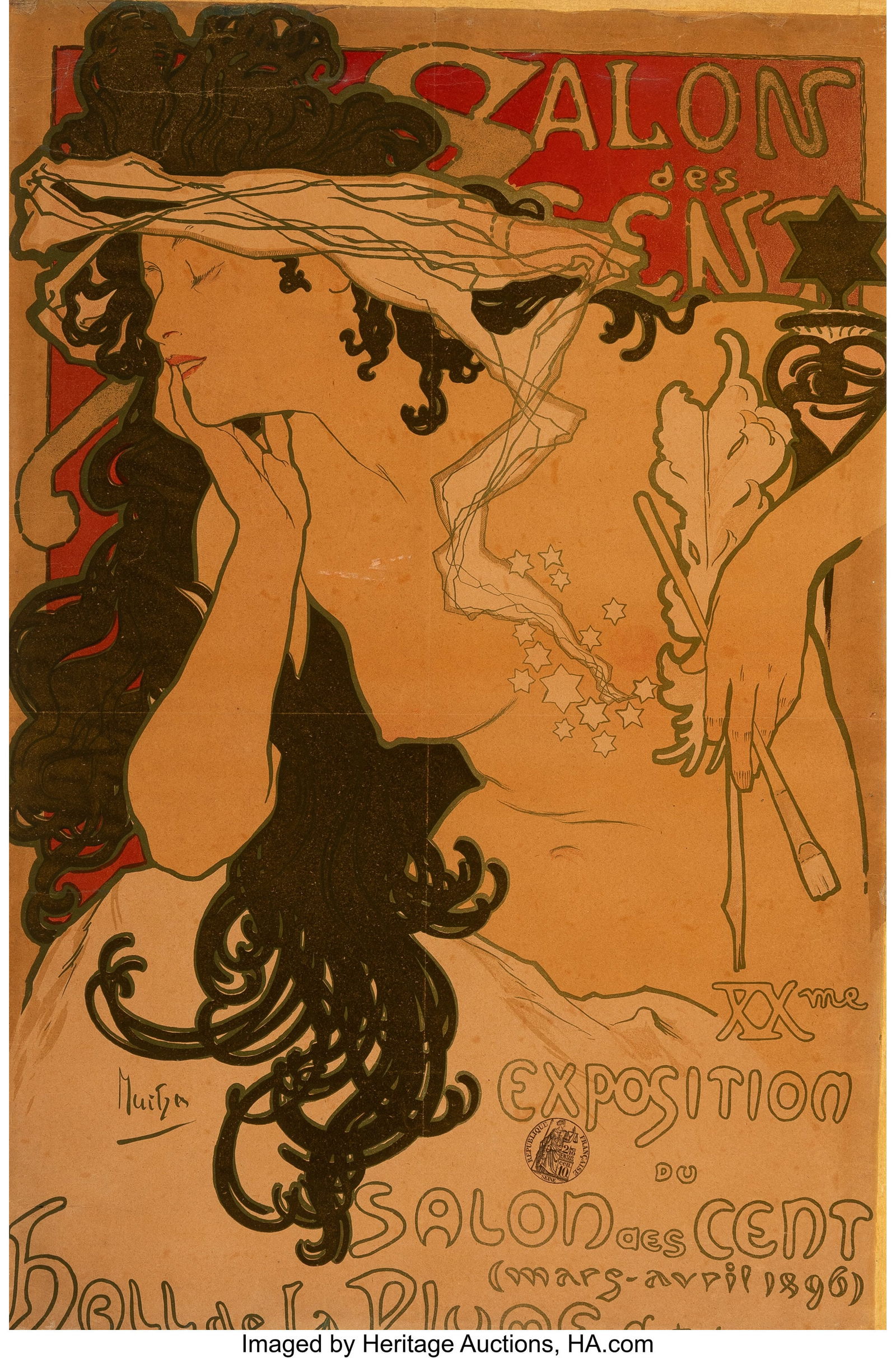 Alphonse Mucha Salon des cent, 1896 Lithograph i: Alphonse Mucha Salon des cent, 1896 Lithograph in colors laid on linen 23-3/4 x 15-3/8 inches (60.3 x 39.1 cm) (sight) Signed in the stone lower left: Mucha Printed by F. Champenois, Paris LITERATURE: