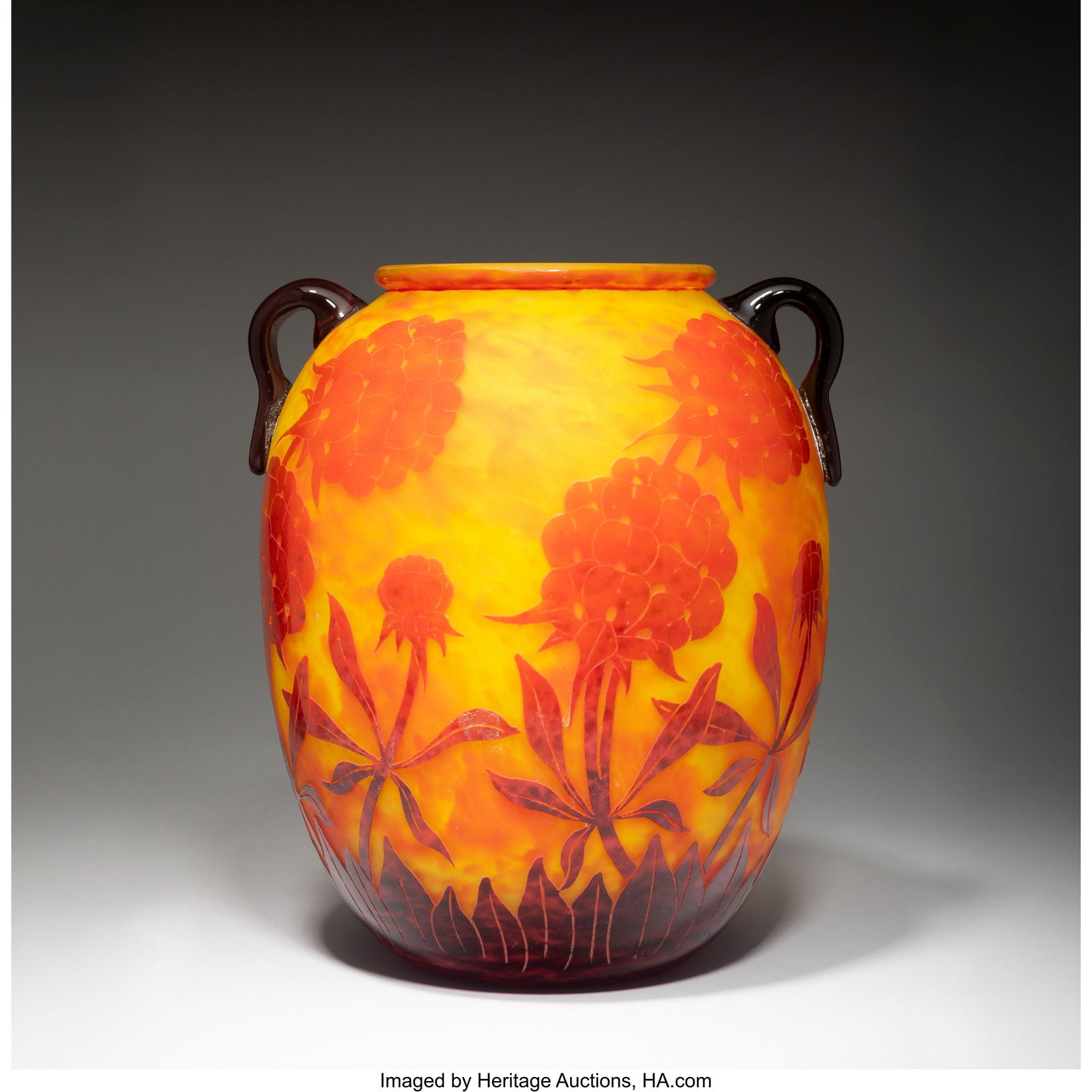 Schneider Glass Works Le Verre Français Pivoine: Schneider Glass Works Le Verre Français Pivoines Two-Handled Vase, circa 1925 Overlaid and acid-etched glass 12-3/8 inches (31.4 cm) Marks: Charder, Le Ve