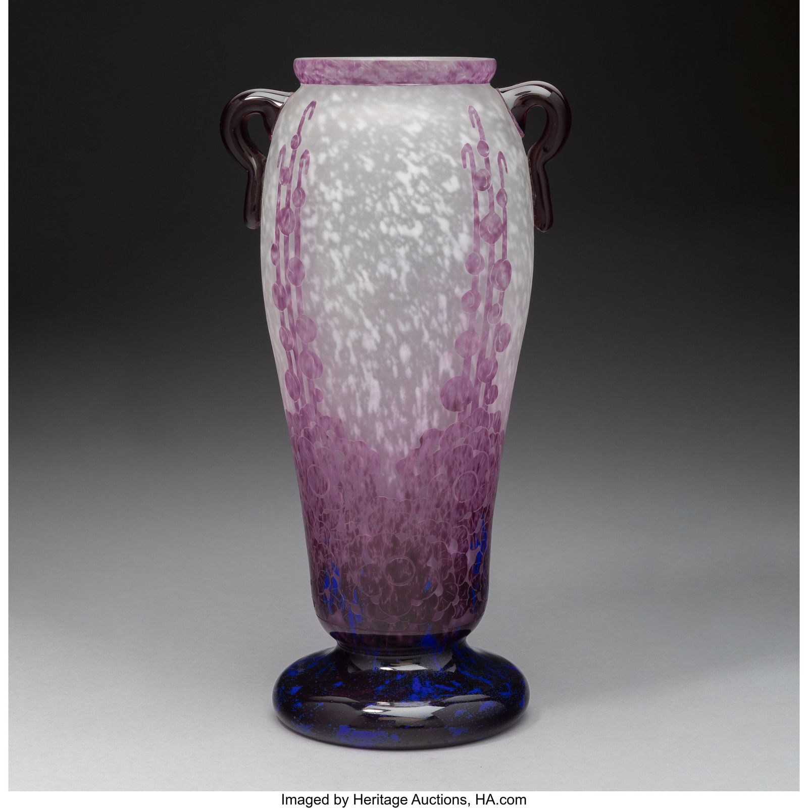 Schneider Glassworks Le Verre Français Roses Tr: Schneider Glassworks Le Verre Français Roses Trémières Vase, circa 1927 Overlaid and acid-etched glass 13-5/8 inches (34.6 cm) Marks: Charder, Le Verre Français, FRANCE, OVINGTON The present work