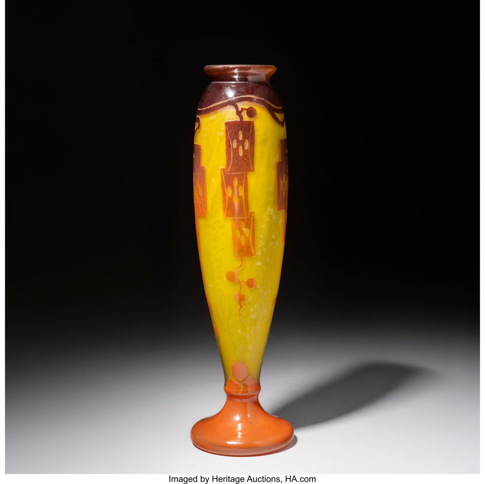 Schneider Glassworks Tall Le Verre Français Frênes Vase, circa 1927: Schneider Glassworks Tall Le Verre Français Frênes Vase, circa 1927 Overlaid and acid-etched glass 15-1/2 inches (39.4 cm) Marks: Charder PROVENANCE: Heritage Auctions, Dallas, Tiffany, Lalique & Ar