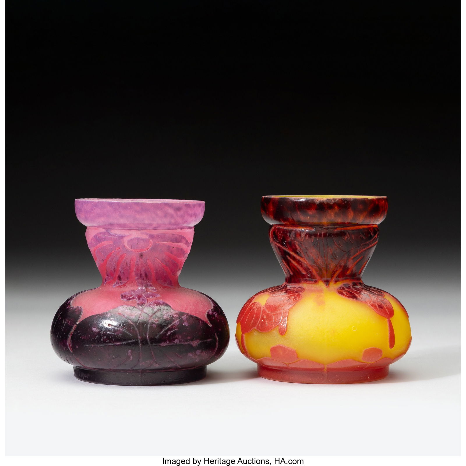 Schneider Glassworks Le Verre Français Groseill: Schneider Glassworks Le Verre Français Groseilles and Dahlias Cabinet Vases, circa 1923 Overlaid and acid-etched glass 3-1/4 inches (8.3 cm) (each) Marks: Le Verre Français HID03101062020 © 2025 He