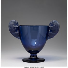 79164: René Lalique Béliers Vase, circa 1925 Blue gla