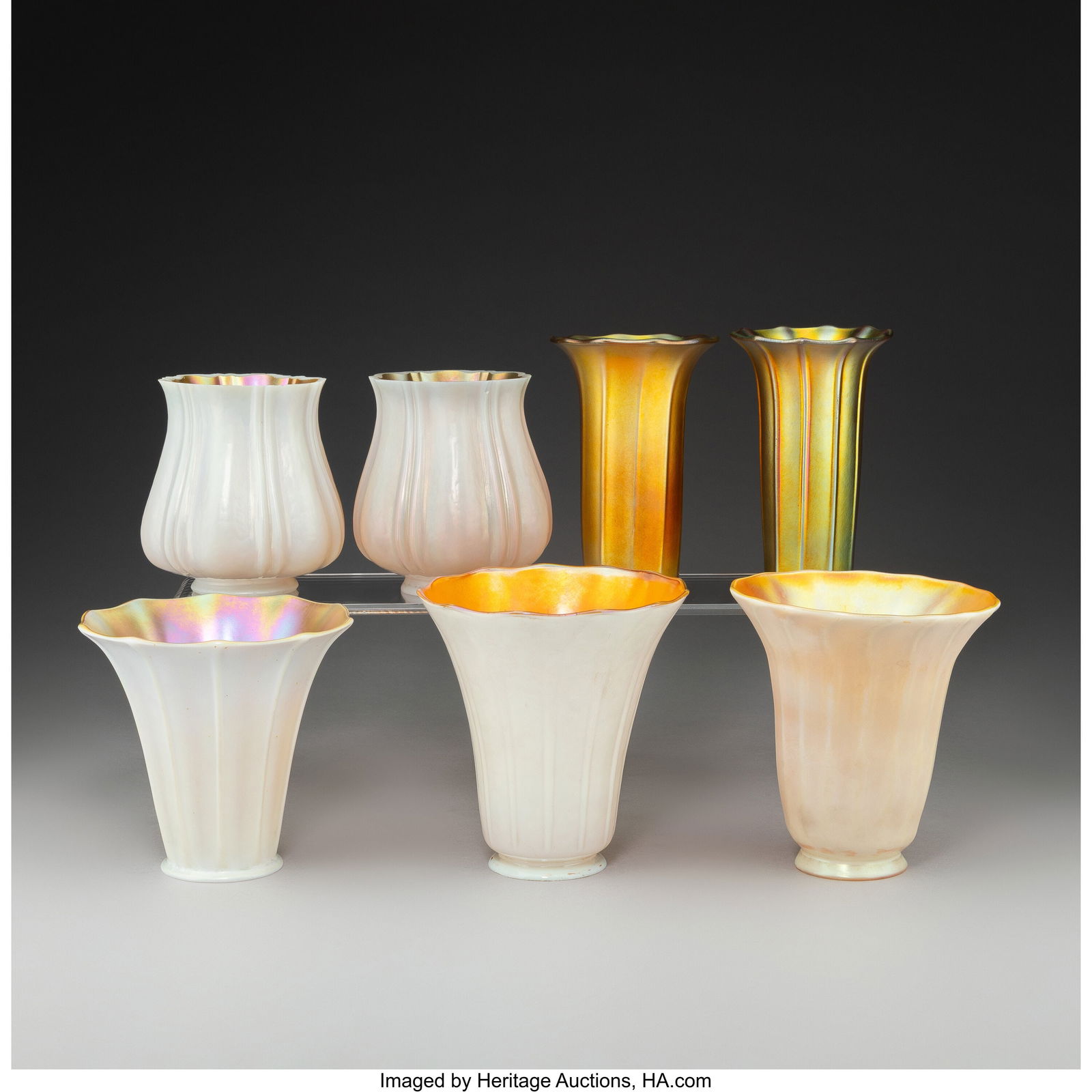 Steuben Glass Works Seven Shades, circa 1910 Aur: Steuben Glass Works Seven Shades, circa 1910 Aurene glass 4-3/4 inches (12.1 cm) (each, approximately) Marks: (STEUBEN-fleur-de-lis) HID03101