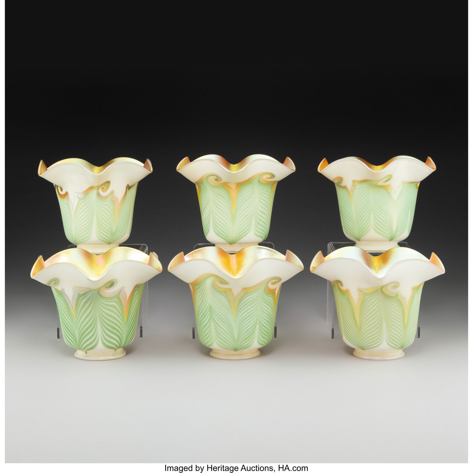 Quezal Six Hooked Feather Shades, circa 1905 Dec (1 of 3)