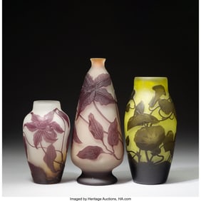 79222: Gallé Three Floral Vases, circa 1900 Cameo glas