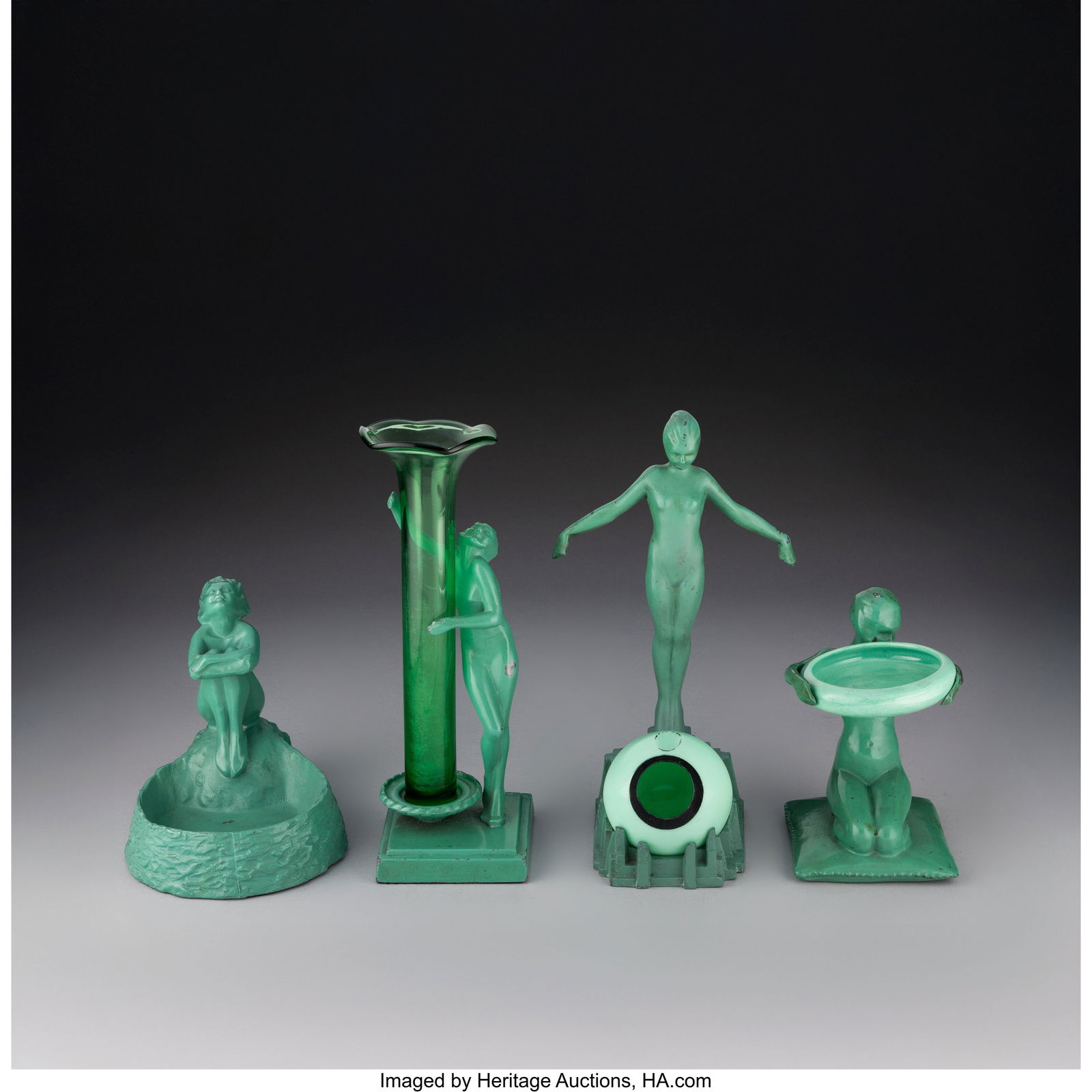 Frankart, Inc. Four Figural Table Articles, circ: Frankart, Inc. Four Figural Table Articles, circa 1930 Enameled metal, glazed ceramic, glass 10-1/4 x 3-1/2 x 3-1/2 inches (26.0 x 8.9 x 8