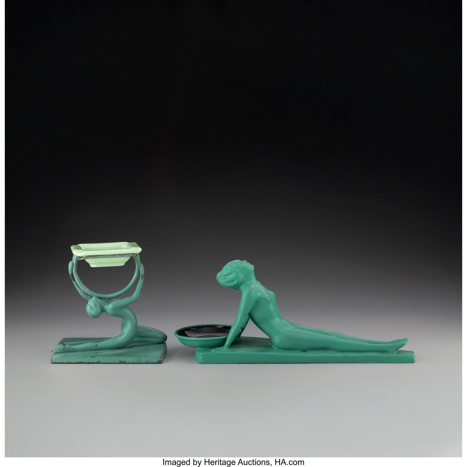 Frankart, Inc. Two Figural Ashtrays, circa 1930: Frankart, Inc. Two Figural Ashtrays, circa 1930 Enameled metal, glass 6-3/8 x 6 x 4-1/8 inches (16.2 x 15.2 x 10.5 cm) (tallest&rpa