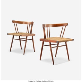 67036: George Nakashima Pair of Grass-Seated Chairs USA