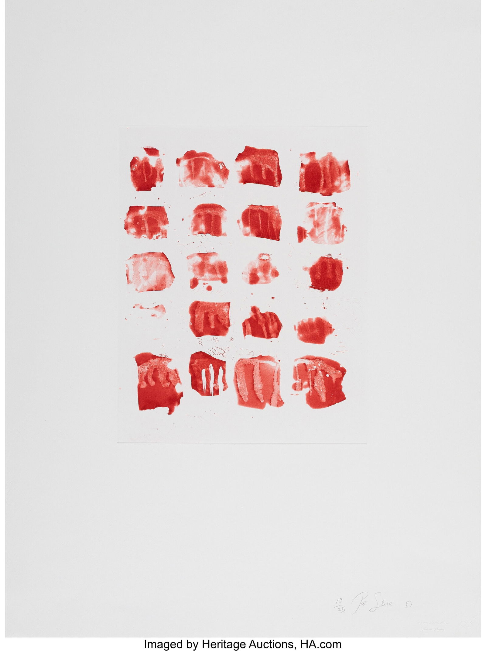 Pat Steir (b. 1938) Little Red Shapes, 1991 Soap: Pat Steir (b. 1938) Little Red Shapes, 1991 Soapground, sugarlift, and spit bite aquatint in color on wove paper 25 x 18-3/4 inches (63.5 x 47&period