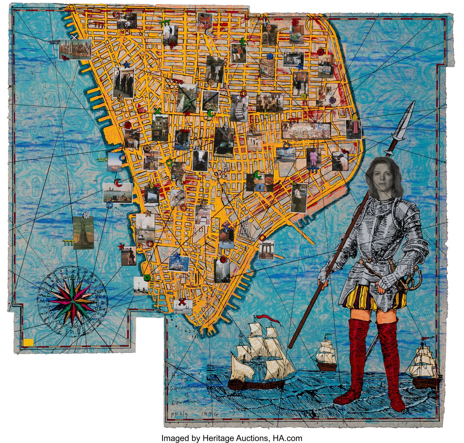 Jane Hammond (b. 1950) The Wonderfulness of Down: Jane Hammond (b. 1950) The Wonderfulness of Downtown, 196-1997 Lithograph and screenprint in colors with collage on joined sheets of Kasuiri, Nepalese, and Cortlea T