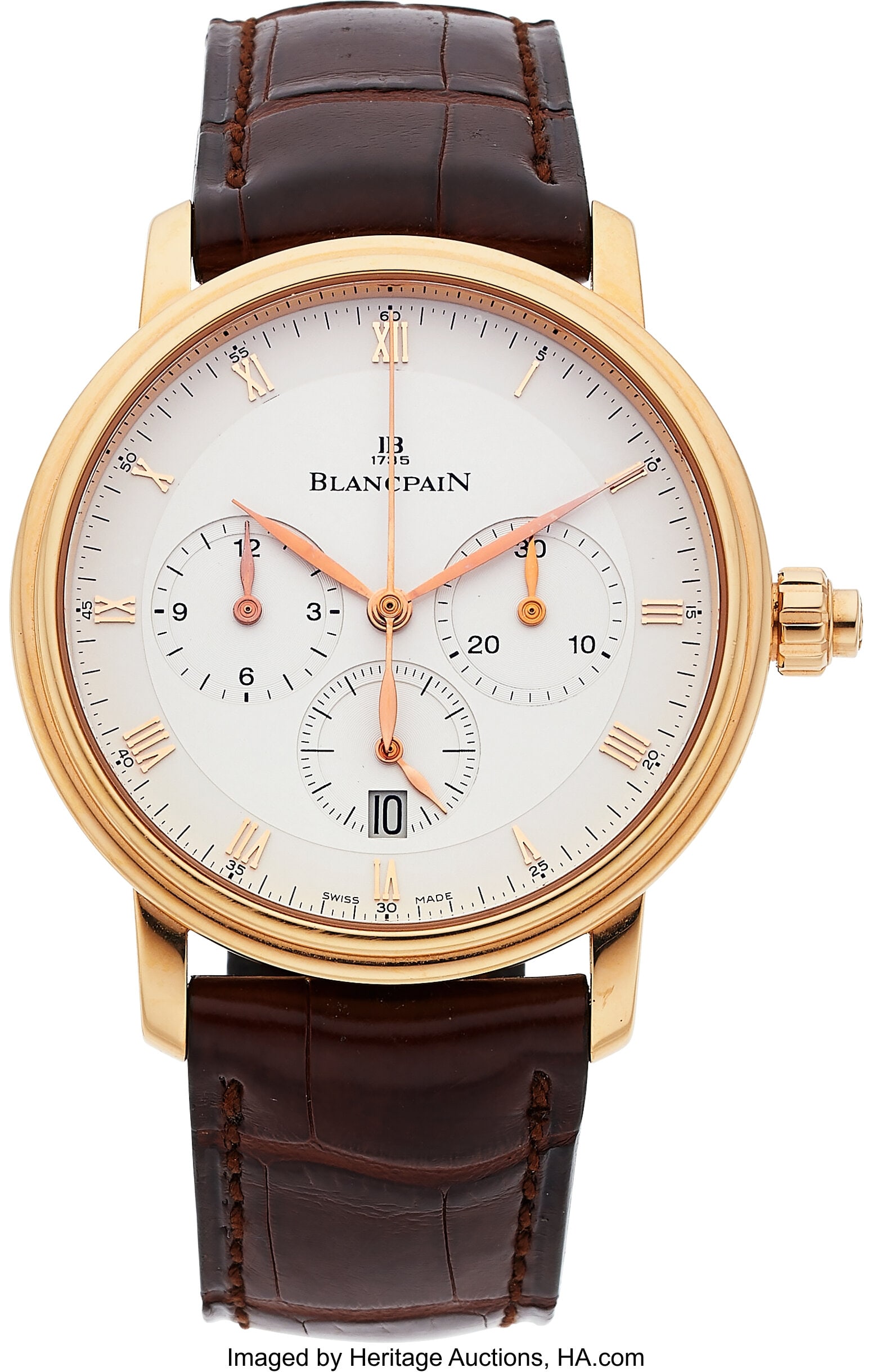 Blancpain Villeret Chronograph 18K Rose Gold Wri: Blancpain Villeret Chronograph 18K Rose Gold Wristwatch Case: 38mm, 18K rose gold, three body case with Exhibition snap back, No 42 Dial: white dial with Rose Roman numer