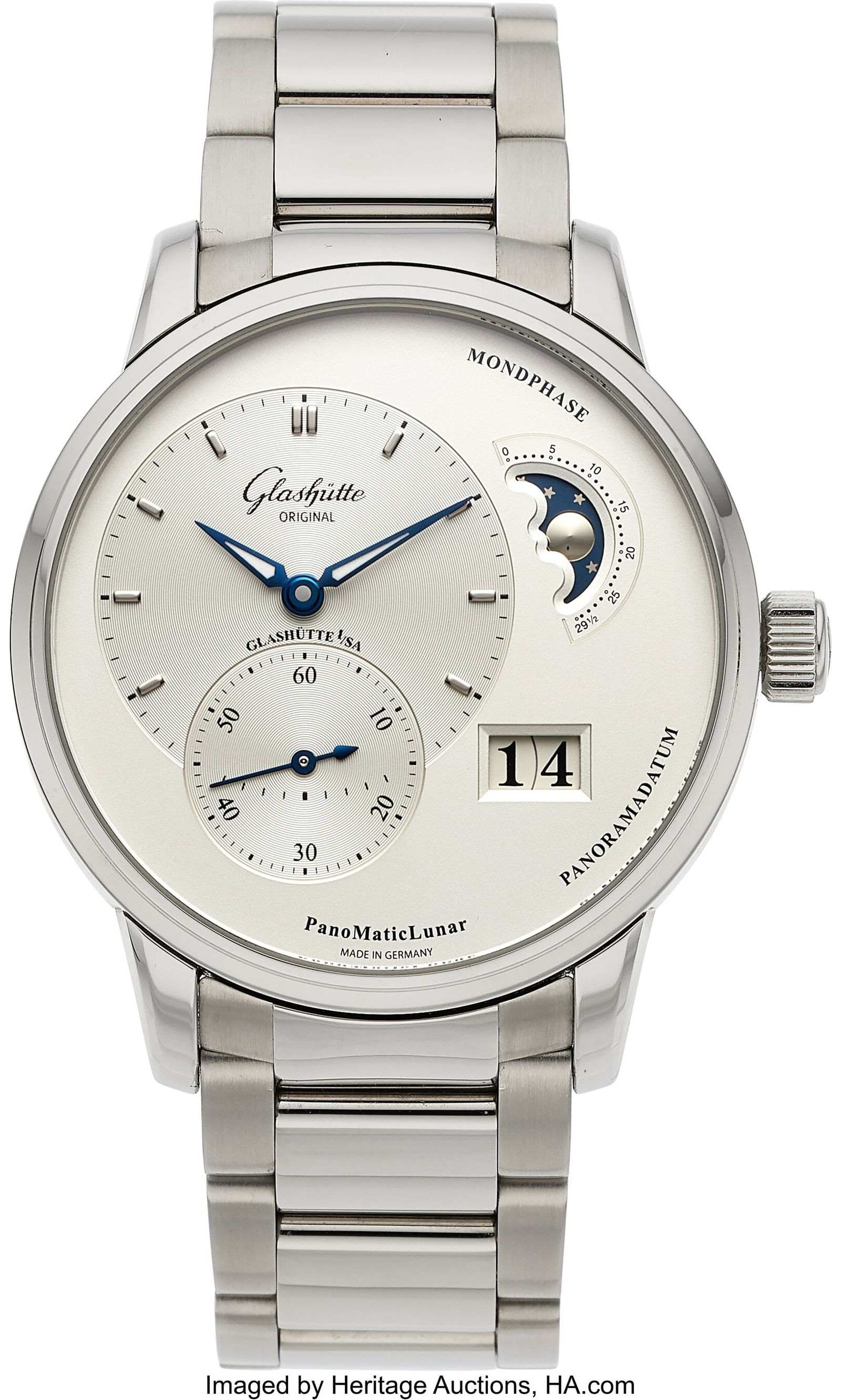 Glashütte Original PanoMaticLunar, Fine Self-Wi: Glashütte Original PanoMaticLunar, Fine Self-Winding Steel Wristwatch Case: 40 mm, stainless steel, polished and brushed, transparent case back Dial: silver&co
