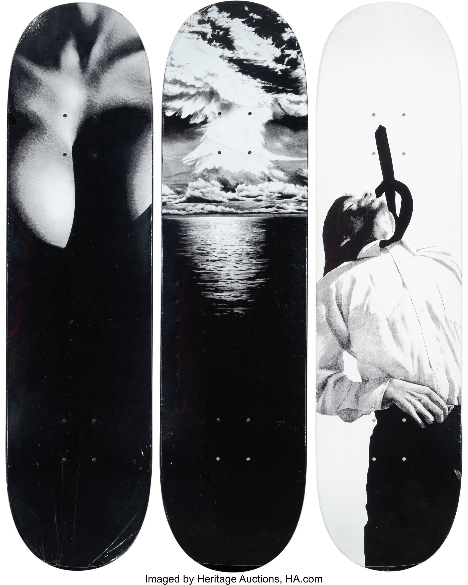 Supreme X Robert Longo Men in the Cities; Cleava: Supreme X Robert Longo Men in the Cities; Cleavage; Explosion (triptych), 2011 Offset lithographs in colors on skate decks 31-7/8 x 8 inches (81.0 x 20&period