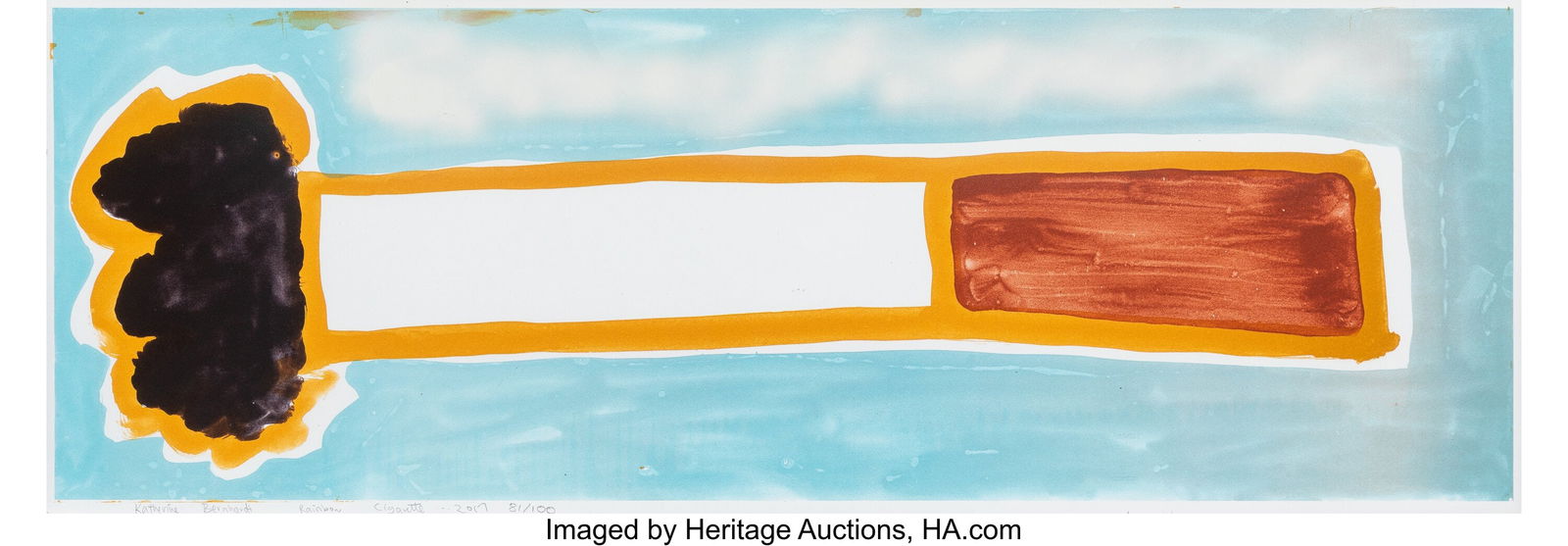 Katherine Bernhardt (b. 1975) Rainbow Cigarette: Katherine Bernhardt (b. 1975) Rainbow Cigarette (Blue), 2017 Lithograph in colors with hand-embellishments on Somerset Velvet paper 13 x 37 inches (33.0 x