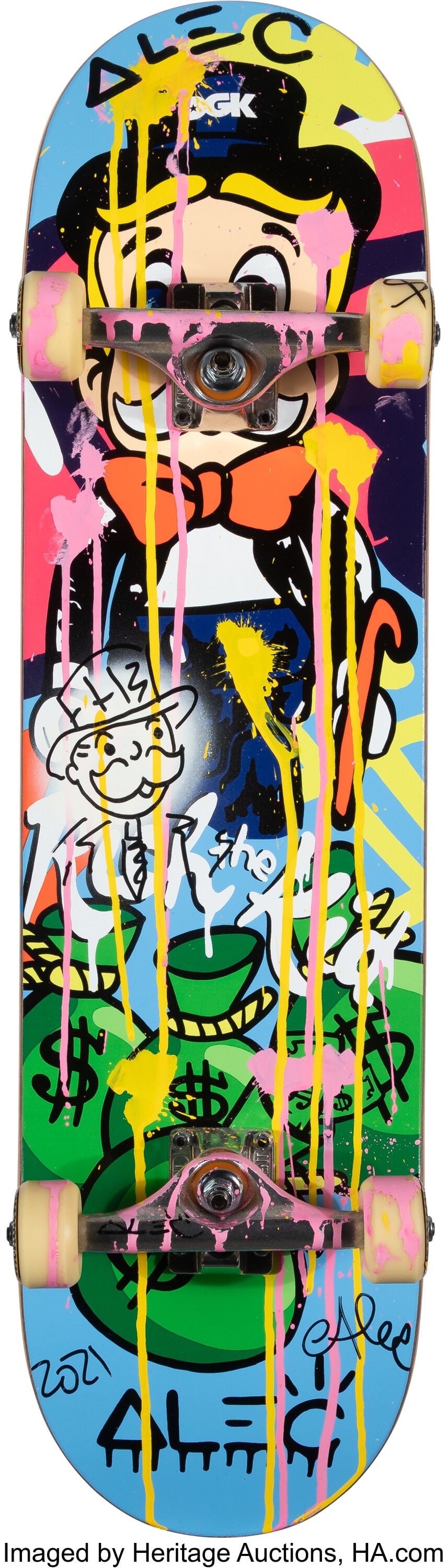 Alec Monopoly X DGK Rich the Kid, 2021 Offset li: Alec Monopoly X DGK Rich the Kid, 2021 Offset lithograph in colors, spray paint, with hand-embellishments on complete skate deck 32 x 8 inches (81.3 x 20.3 cm&rpar