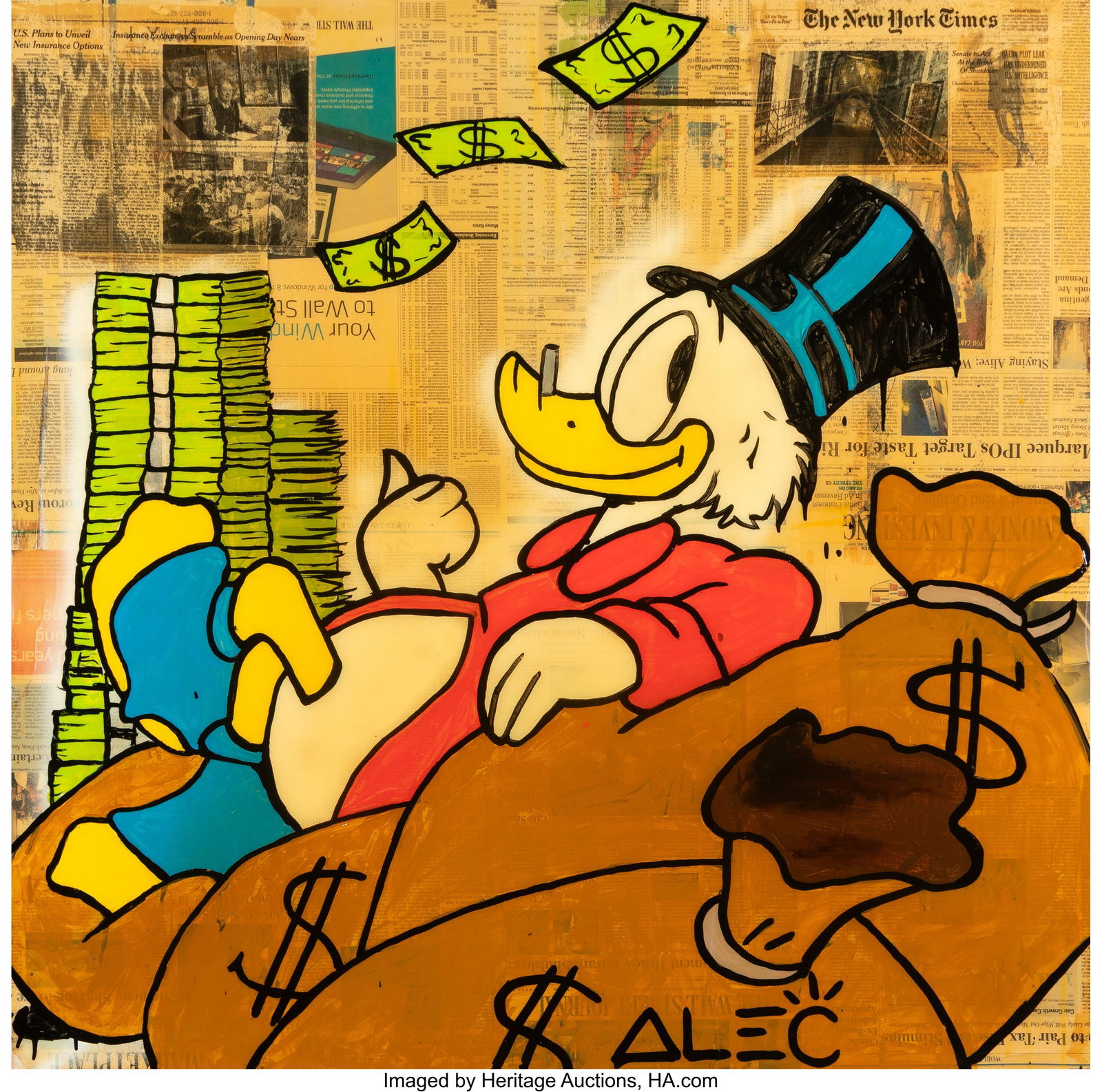 Alec Monopoly (b. 1986) Scrooge McDuck, 2013 Acr: Alec Monopoly (b. 1986) Scrooge McDuck, 2013 Acrylic, spray paint, collage, and resin on canvas 40 x 40 inches (101.6 x 101.6 cm) Signe
