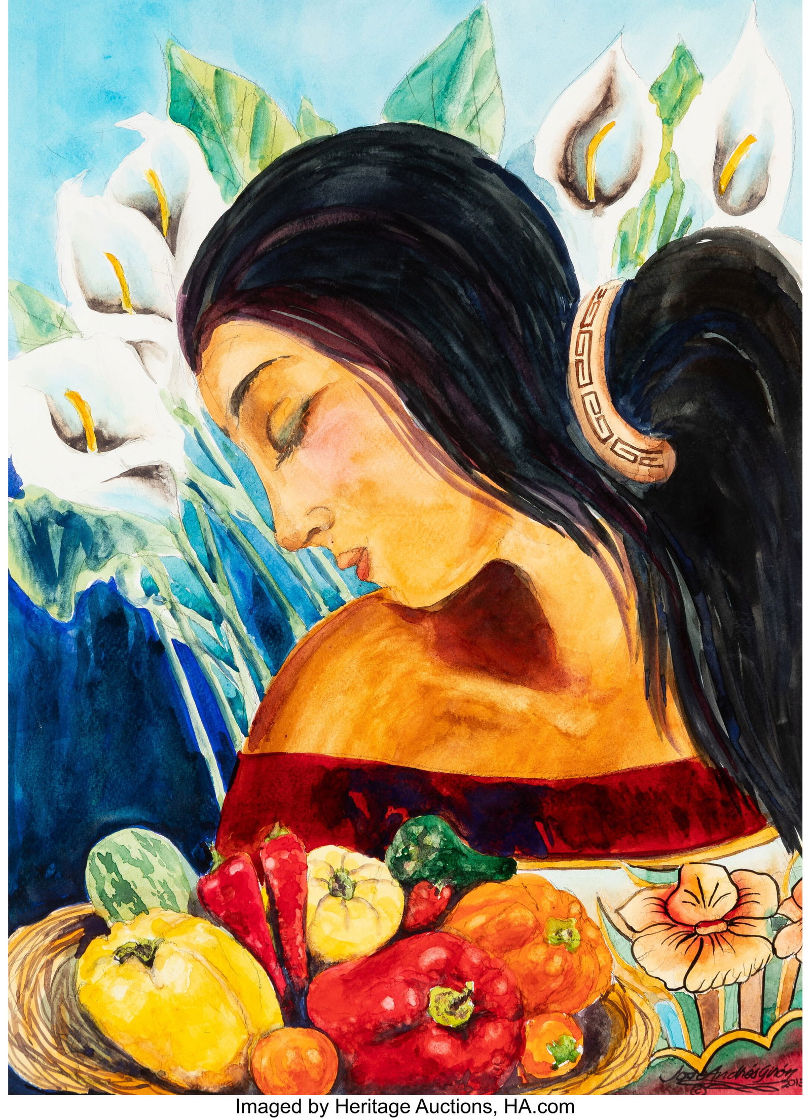 Jose Andres Giron (20th Century) Untitled (Woman: Jose Andres Giron (20th Century) Untitled (Woman With Fruit), 2013 Watercolor on paper 18-3/4 x 13-3/4 inches (47.6 x 34.9 cm) (sight&rpa