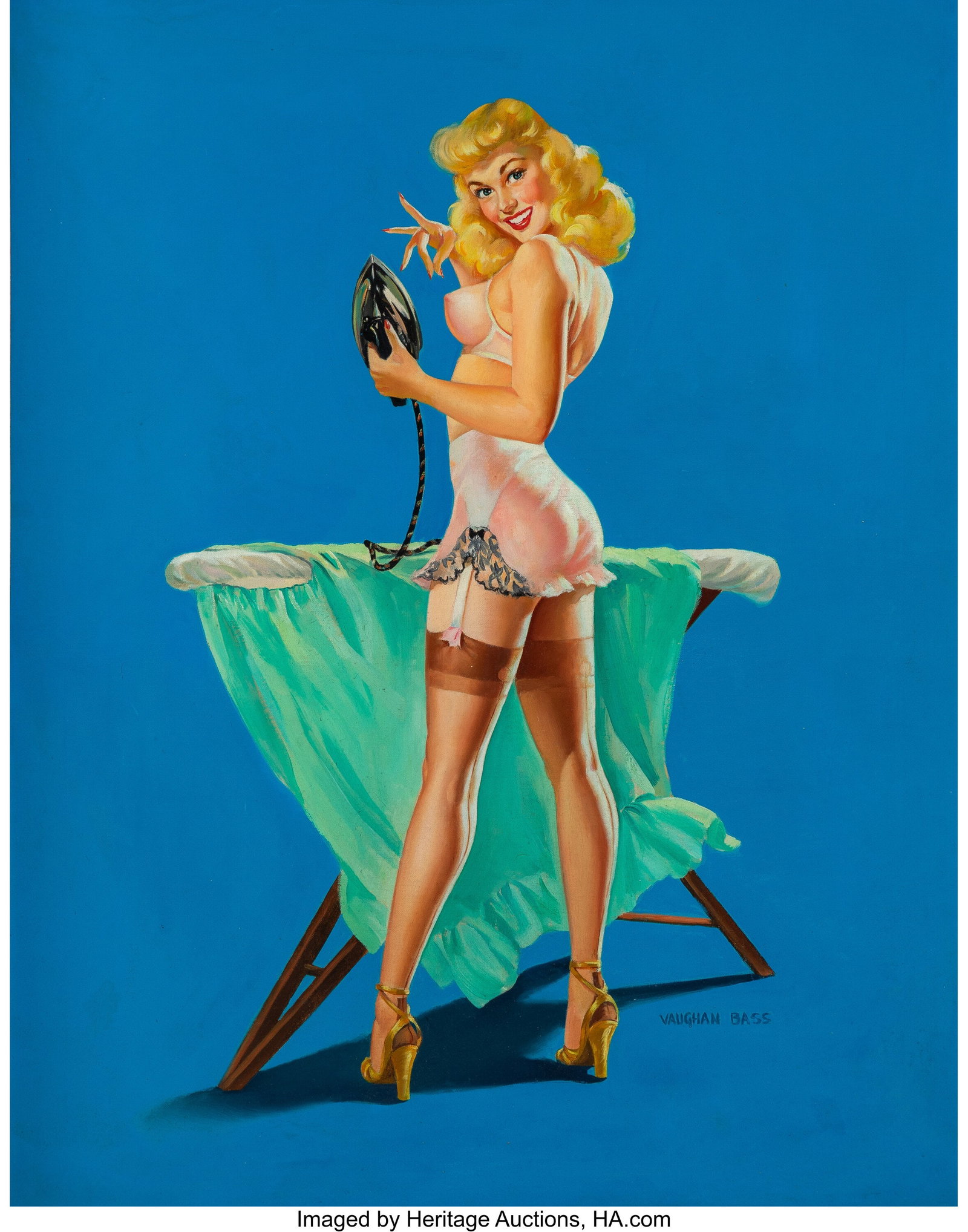 Vaughan Alden Bass (American, 20th Century) Iron: Vaughan Alden Bass (American, 20th Century) Iron Girl Oil on canvas 28 x 22 inches (71.1 x 55.9 cm) Signed lower right: VAUGHAN BASS PROVENANCE: Pre