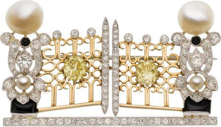 Fancy Colored Diamond, Diamond, Cultured Pearl,: Fancy Colored Diamond, Diamond, Cultured Pearl, Black Onyx, Platinum, Gold Brooch, Julius Cohen