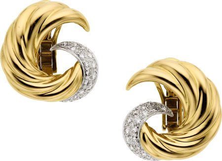 Diamond, Platinum, Gold Earrings, Verdura : Diamond, Platinum, Gold Earrings, Verdura The earrings feature full-cut diamonds weighing