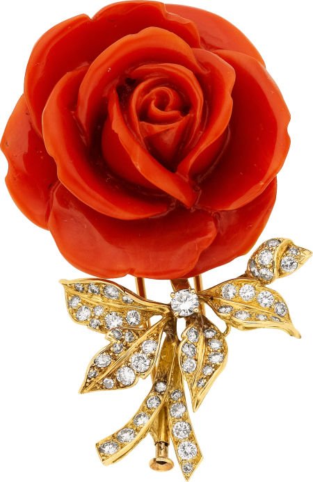 Coral, Diamond, Gold Brooch, Boucheron, French: Coral, Diamond, Gold Brooch, Boucheron, French The brooch features a carved coral rose, en