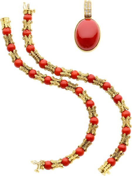 Coral, Diamond, Gold Jewelry : Coral, Diamond, Gold Jewelry The lot is comprised of two bracelets and a pendant: the brac