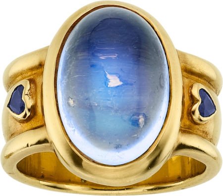 Moonstone, Sapphire, Gold Ring, Loree Rodkin: Moonstone, Sapphire, Gold Ring, Loree Rodkin The ring features an oval-shaped moonstone ca