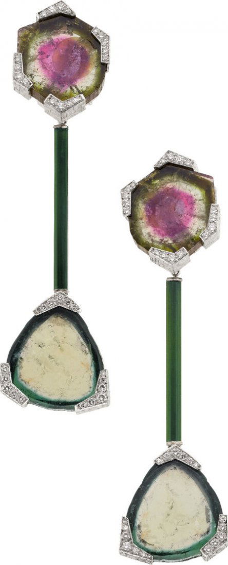 Tourmaline, Diamond, White Gold Earrings, Andrew: Tourmaline, Diamond, White Gold Earrings, Andrew Grima, London The earrings feature sliced
