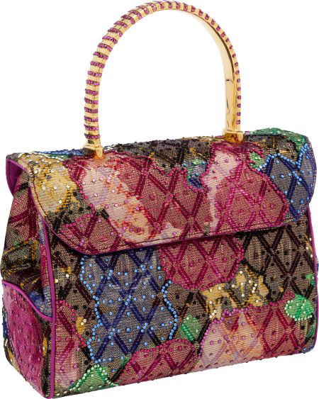 Judith Leiber Magenta Satin & Multicolor Crystal: Judith Leiber Magenta Satin & Multicolor Crystal Top Handle Evening Bag with Shoulder Strap