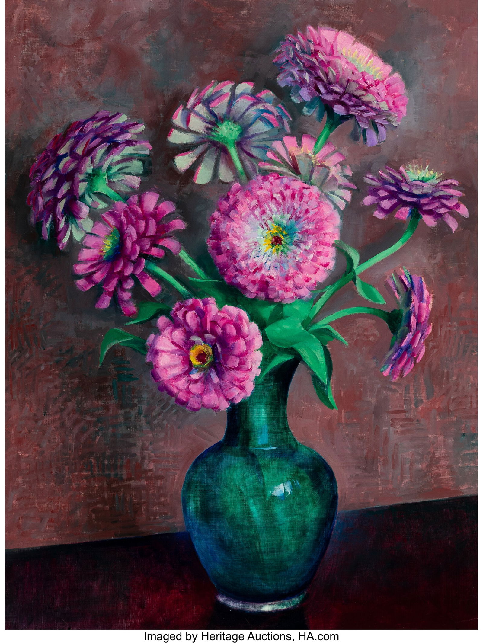 Kenneth Miller Adams (American, 1897-1966) Purpl: Kenneth Miller Adams (American, 1897-1966) Purple Zinnias Oil on Masonite 24 x 18 inches (61.0 x 45.7 cm) Signed lower left: Kenneth M. Adams PROVE