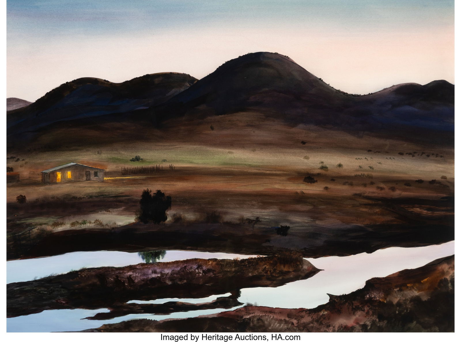 Peter Hurd (American, 1904-1984) River at Nightf: Peter Hurd (American, 1904-1984) River at Nightfall Watercolor on paper 28-1/4 x 38-1/8 inches (71.8 x 96.8 cm) Signed lower right: Peter Hurd PRO