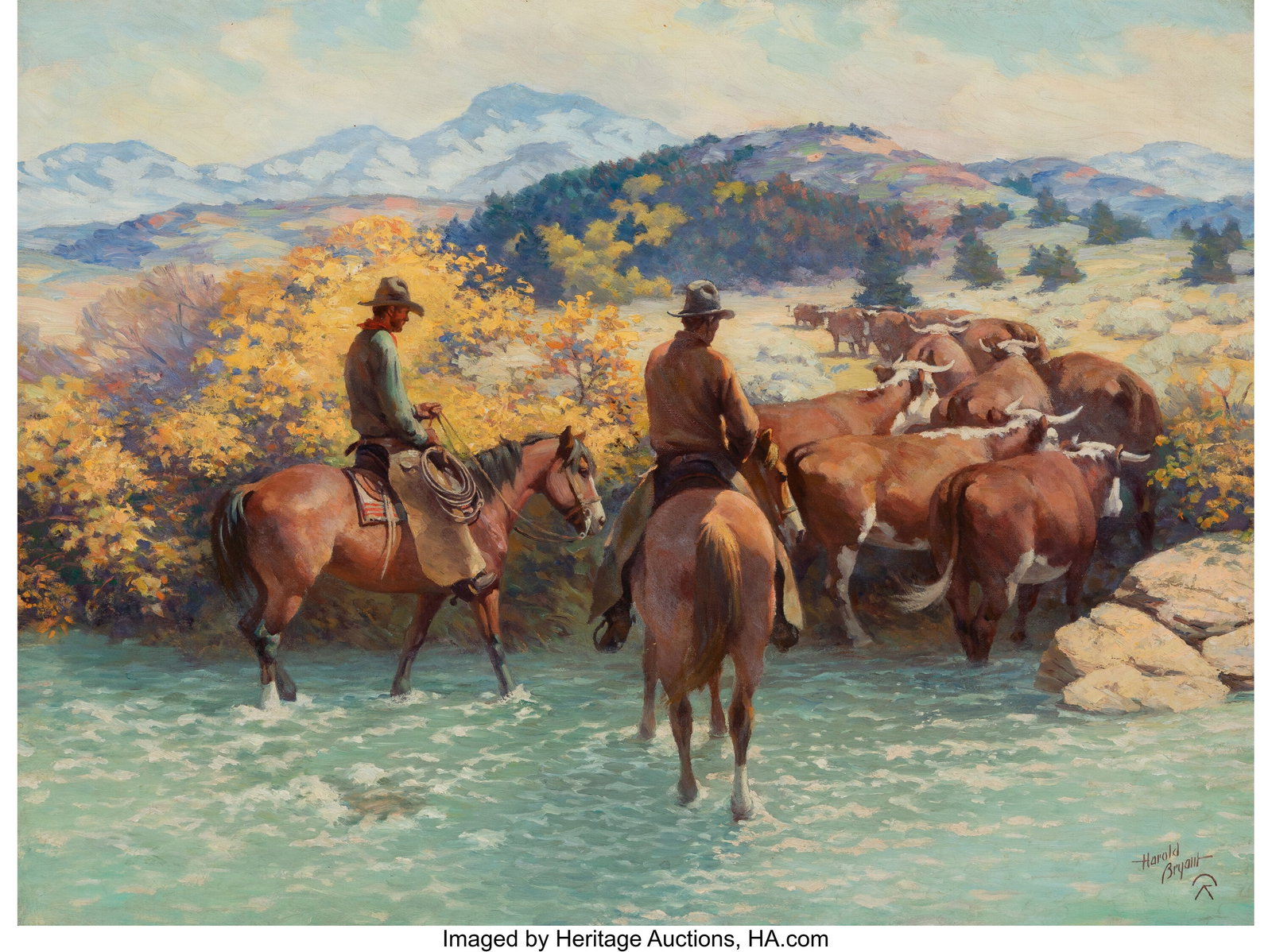 Harold Edward Bryant (American, 1894-1950) Beef : Harold Edward Bryant (American, 1894-1950) Beef Gather Oil on canvas 24 x 32 inches (61.0 x 81.3 cm) Signed lower right: Harold / Bryant Titled on the