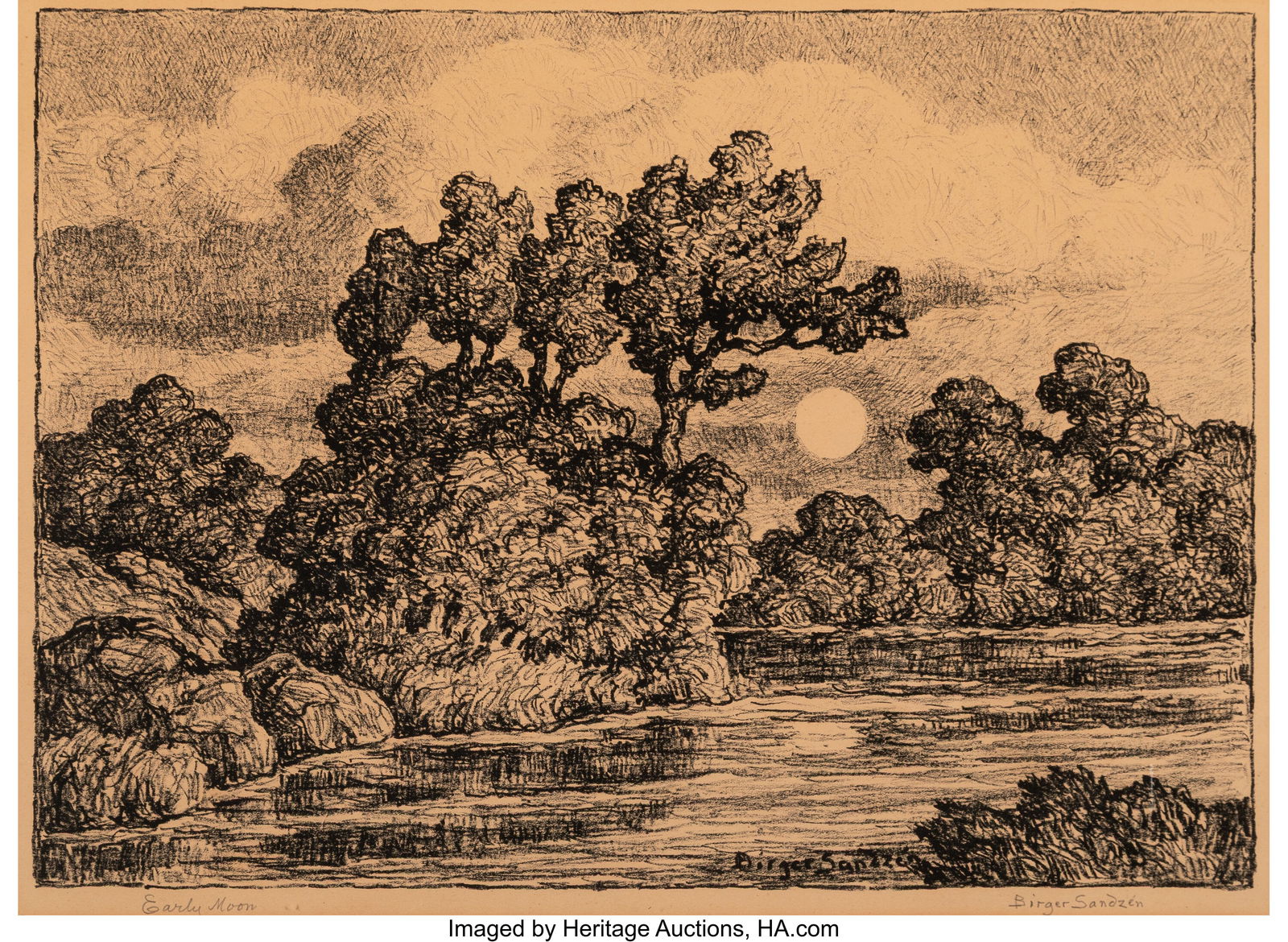 Birger Sandzén (American, 1871-1954) Early Moon: Birger Sandzén (American, 1871-1954) Early Moon Lithograph on paper 10 x 12 inches (25.4 x 30.5 cm) (image) Edition of 100 Signed and titled in