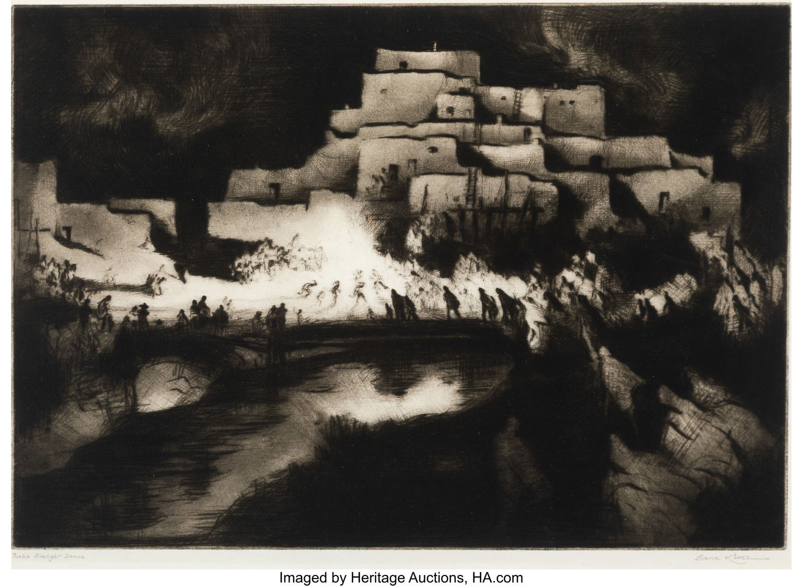 Gene Kloss (American, 1903-1996) Pueblo Fireligh: Gene Kloss (American, 1903-1996) Pueblo Firelight Dance, 1952 Drypoint and aquatint etching on paper 11-1/2 x 16-3/4 inches (29.2 x 42.5 cm) &lpar