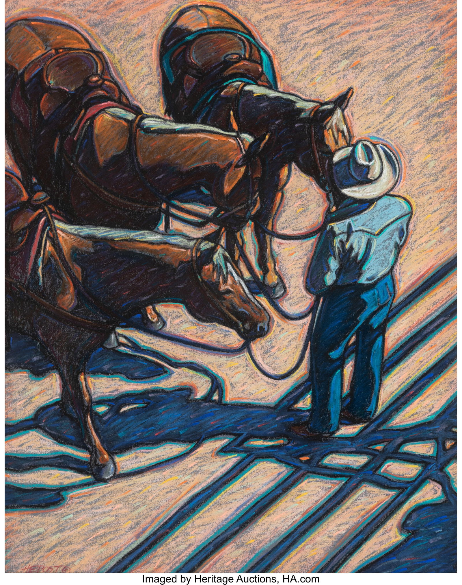 Howard Post (American, b. 1948) Trio of Horses w: Howard Post (American, b. 1948) Trio of Horses with a Cowboy Pastel on paper 26-1/4 x 21 inches (66.7 x 53.3 cm) (sight) Signed lower left&