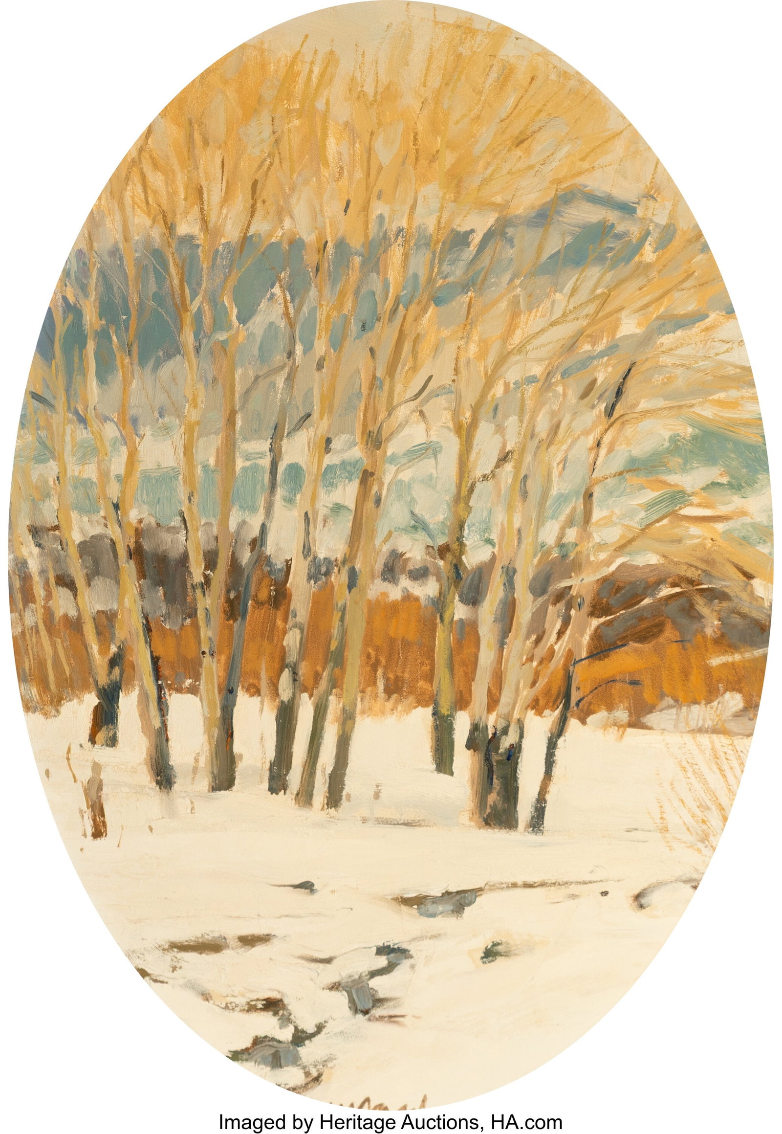 Ned Jacob (American, b. 1938) November Snow, Rus: Ned Jacob (American, b. 1938) November Snow, Russia; Green Aspen and Red Willow (two works), 1975-79 Oil on board, each 19-1/2 x 13-3/4 