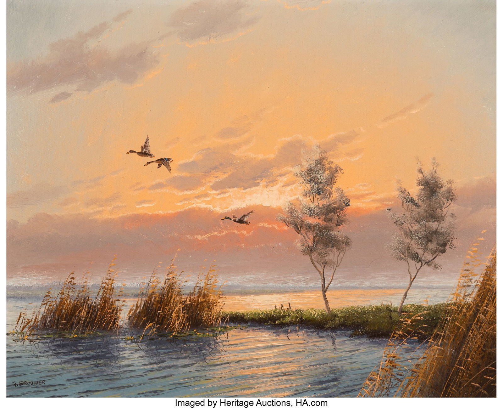 Gien Brouwer (American, b. 1944) Mallards in Fli: Gien Brouwer (American, b. 1944) Mallards in Flight Oil on canvas laid on board 20 x 16 inches (50.8 x 40.6 cm) Signed lower left: G. Brouwe