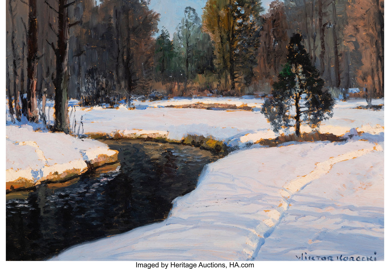 Victor Korecki (Russian/ Polish, 1890-1980) Wint: Victor Korecki (Russian/ Polish, 1890-1980) Winter Landscape with Creek and Forest Oil on card 13-3/4 x 19-3/4 inches (34.9 x 50.2 cm) Signed lower 