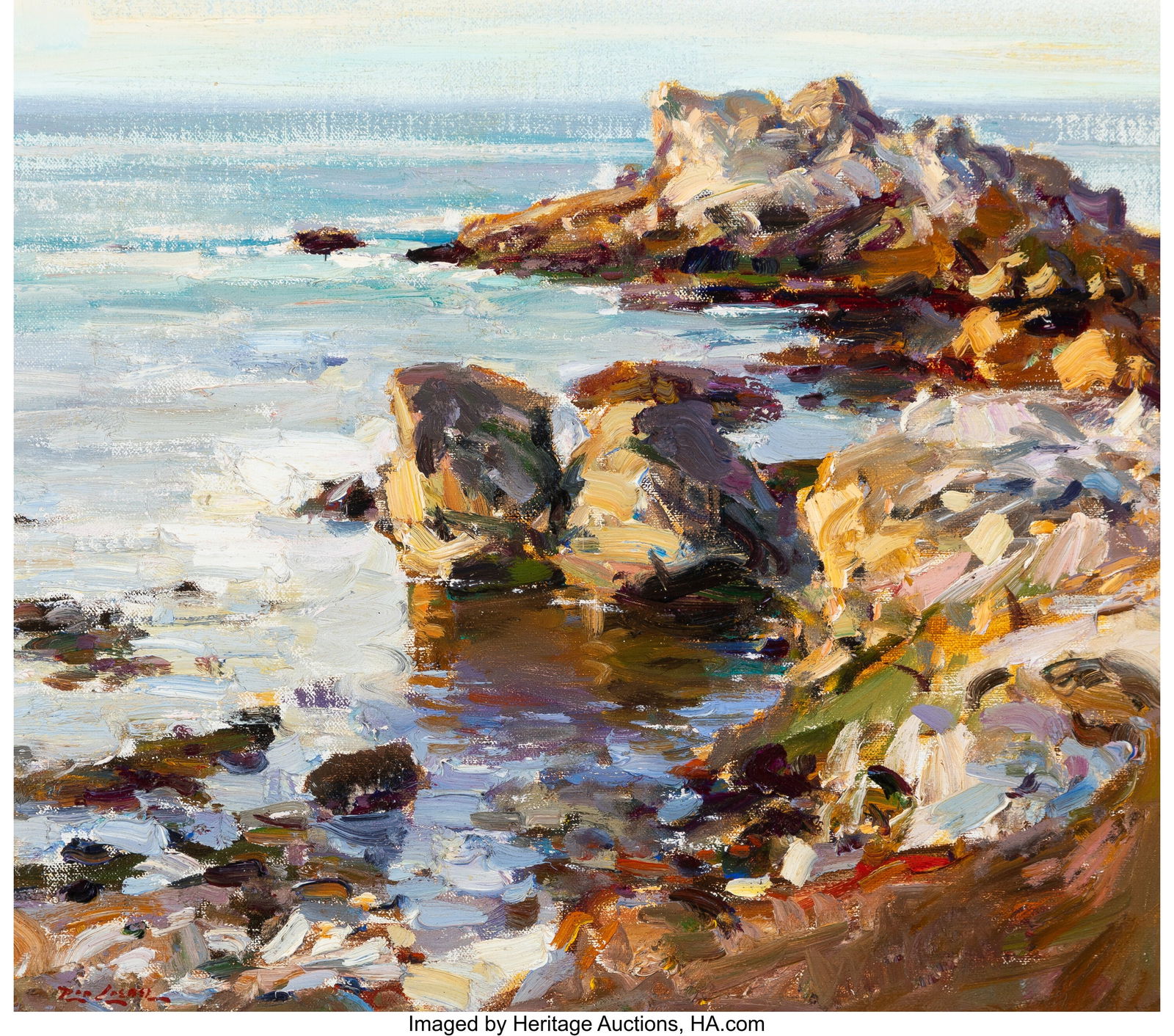 Rod Goebel (American, 1946-1993) Late Light on S: Rod Goebel (American, 1946-1993) Late Light on Shore Rocks, 1979 Oil on canvas 14 x 16 inches (35.6 x 40.6 cm) Signed lower left: Rod Goebel Signed&