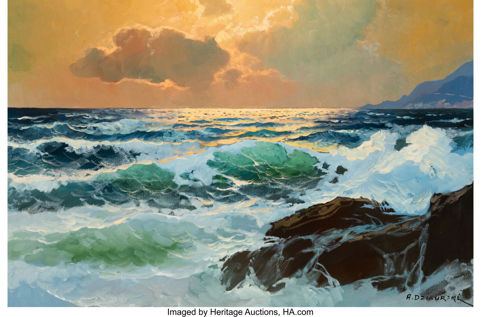Alexander Dzigurski (Russian/American, 1911-1995: Alexander Dzigurski (Russian/American, 1911-1995) Seascape Oil on canvas 24 x 36 inches (61.0 x 91.4 cm) Signed lower right: A. Dzigurski HID03
